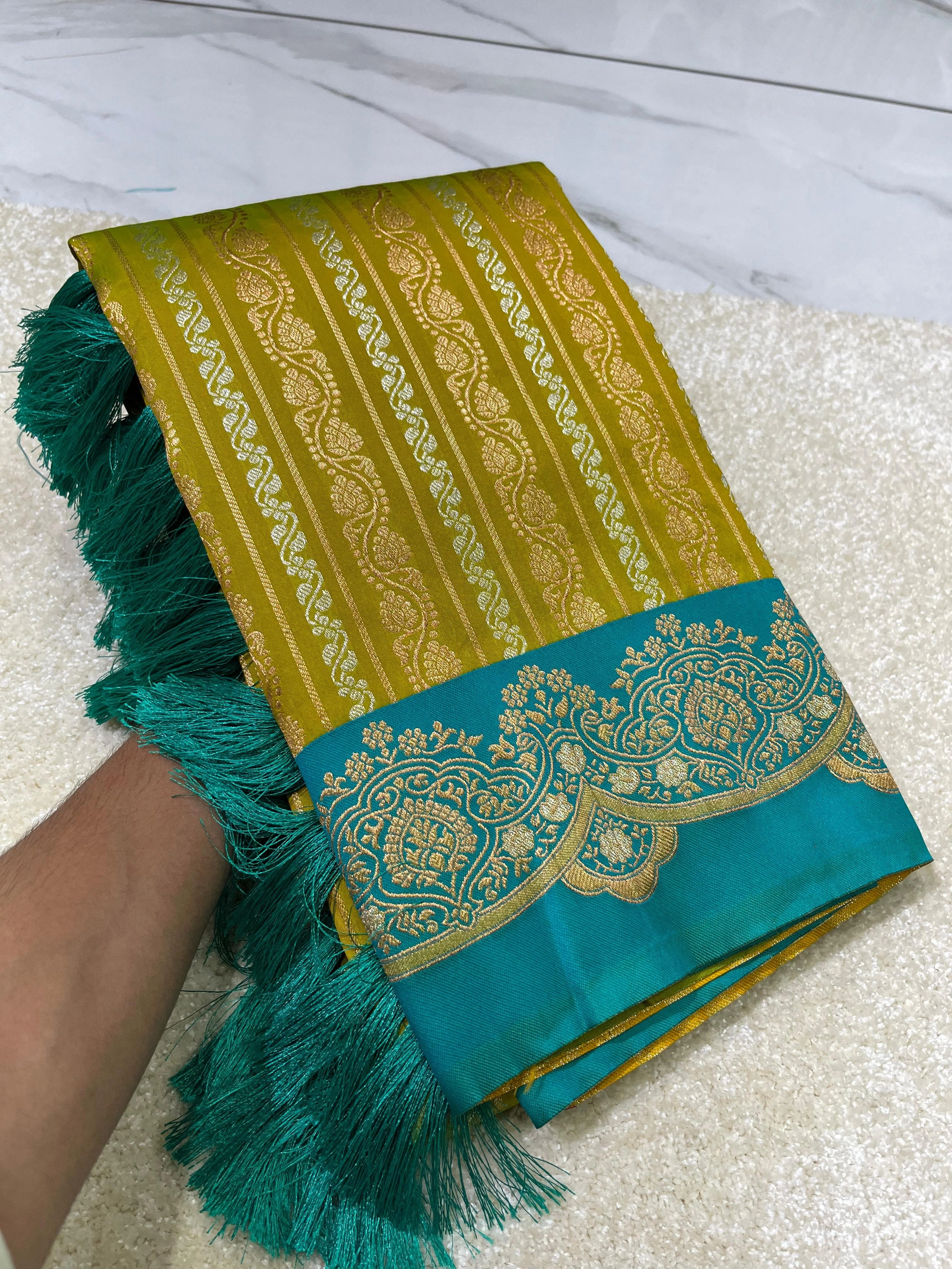 Zari-woven Soft Silk Saree with Unstitched Blouse-REW-05-Golden