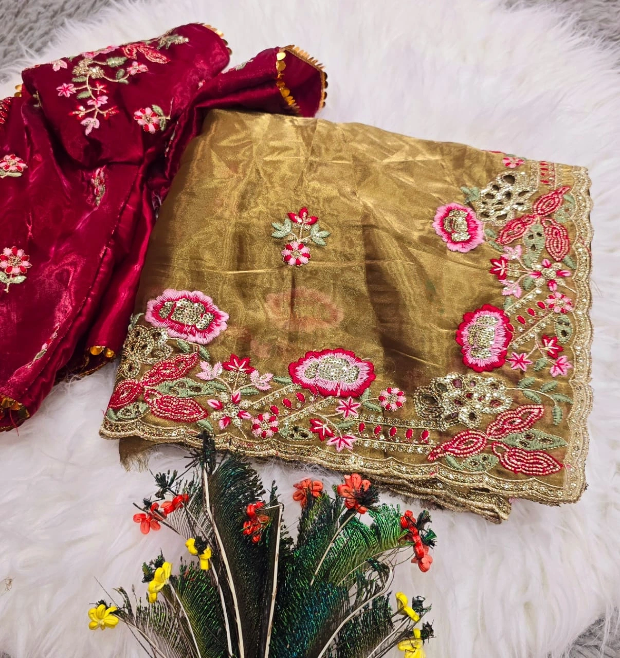 Zimmy Choo Silk Saree: Elegant Embroidery and Sequins-Beige-5