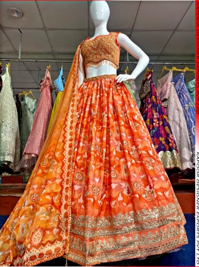 Chinon Designer Lehenga with Exquisite Hand Work - Perfect Blend of Elegance and Craftsmanship-Orange-1