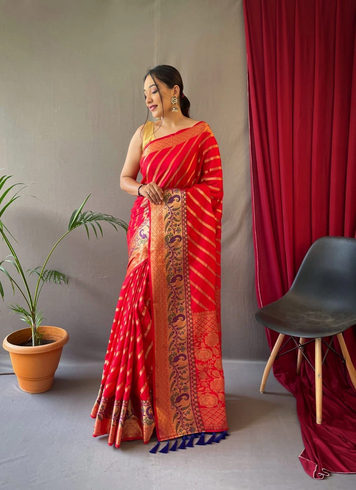 Pure Silk Zigzag Weave Saree with Rich Pallu and Brocade Blouse-RLC-14-Red