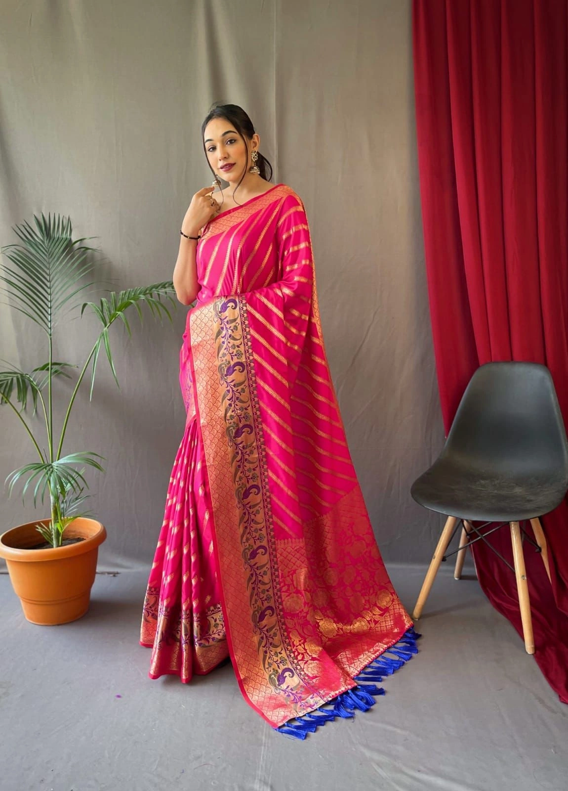 Pure Silk Zigzag Weave Saree with Rich Pallu and Brocade Blouse-Red-1