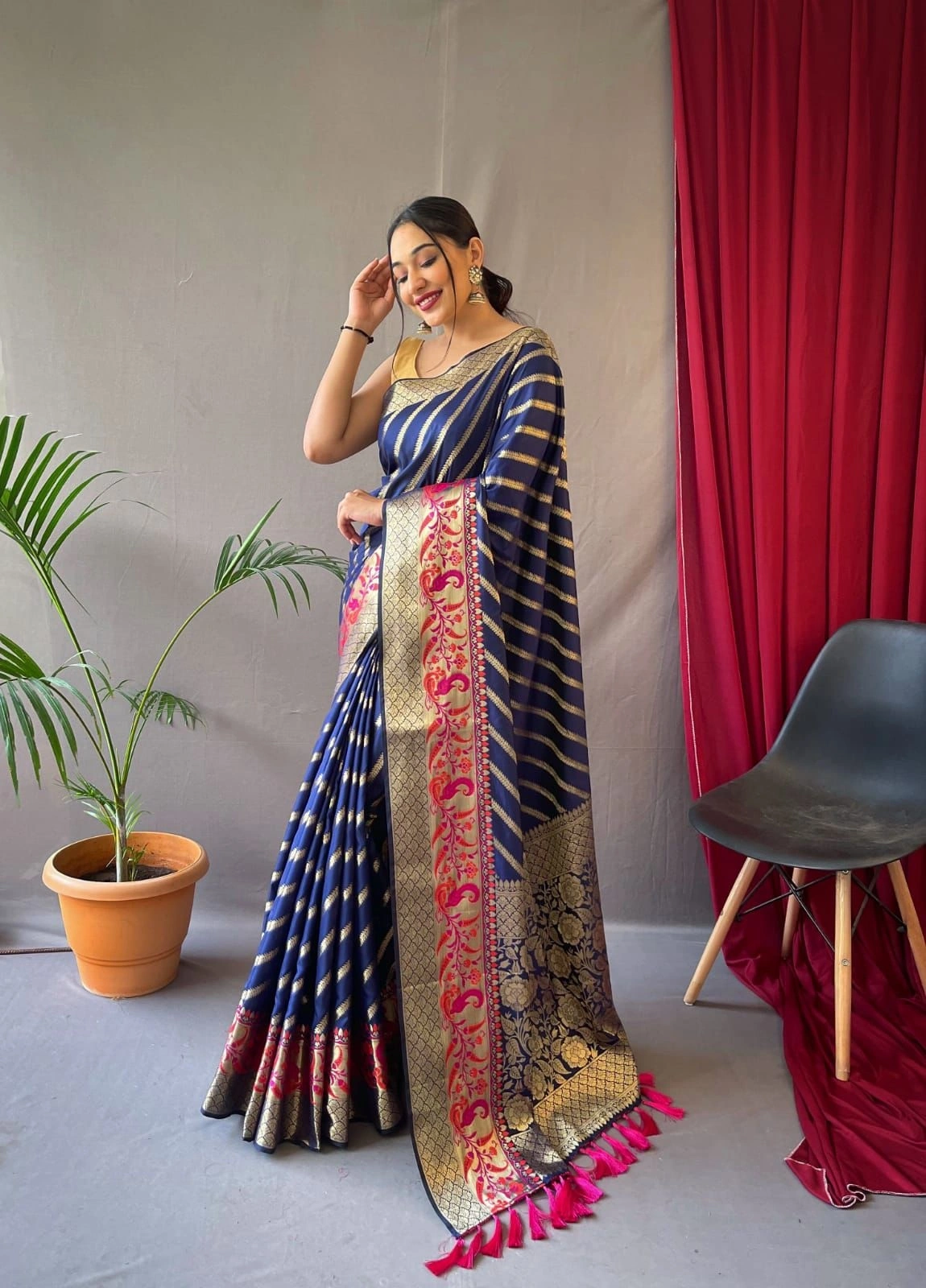 Pure Silk Zigzag Weave Saree with Rich Pallu and Brocade Blouse-RLC-14-Blue