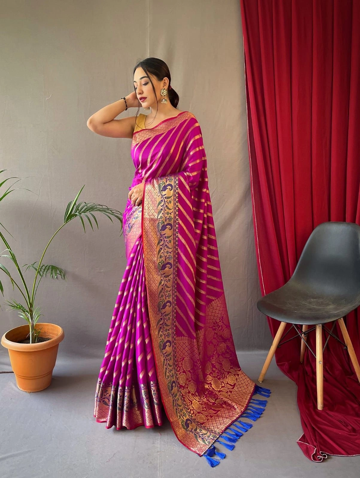 Pure Silk Zigzag Weave Saree with Rich Pallu and Brocade Blouse-RLC-14-Rani