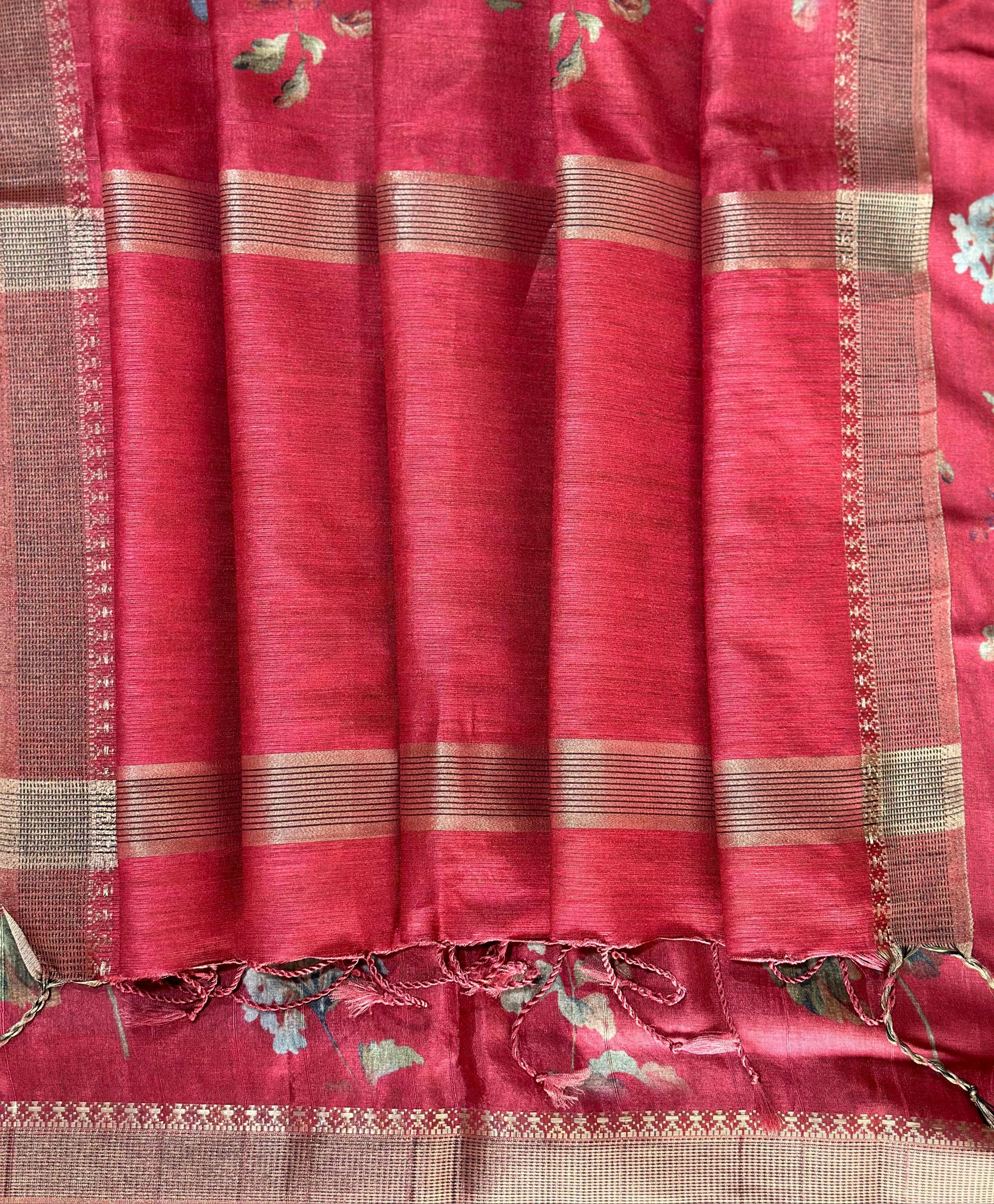 Silky Tussar Silk Saree: Weaving Jacquard Border, Handloom Pallu, Latest Colours-Red-1