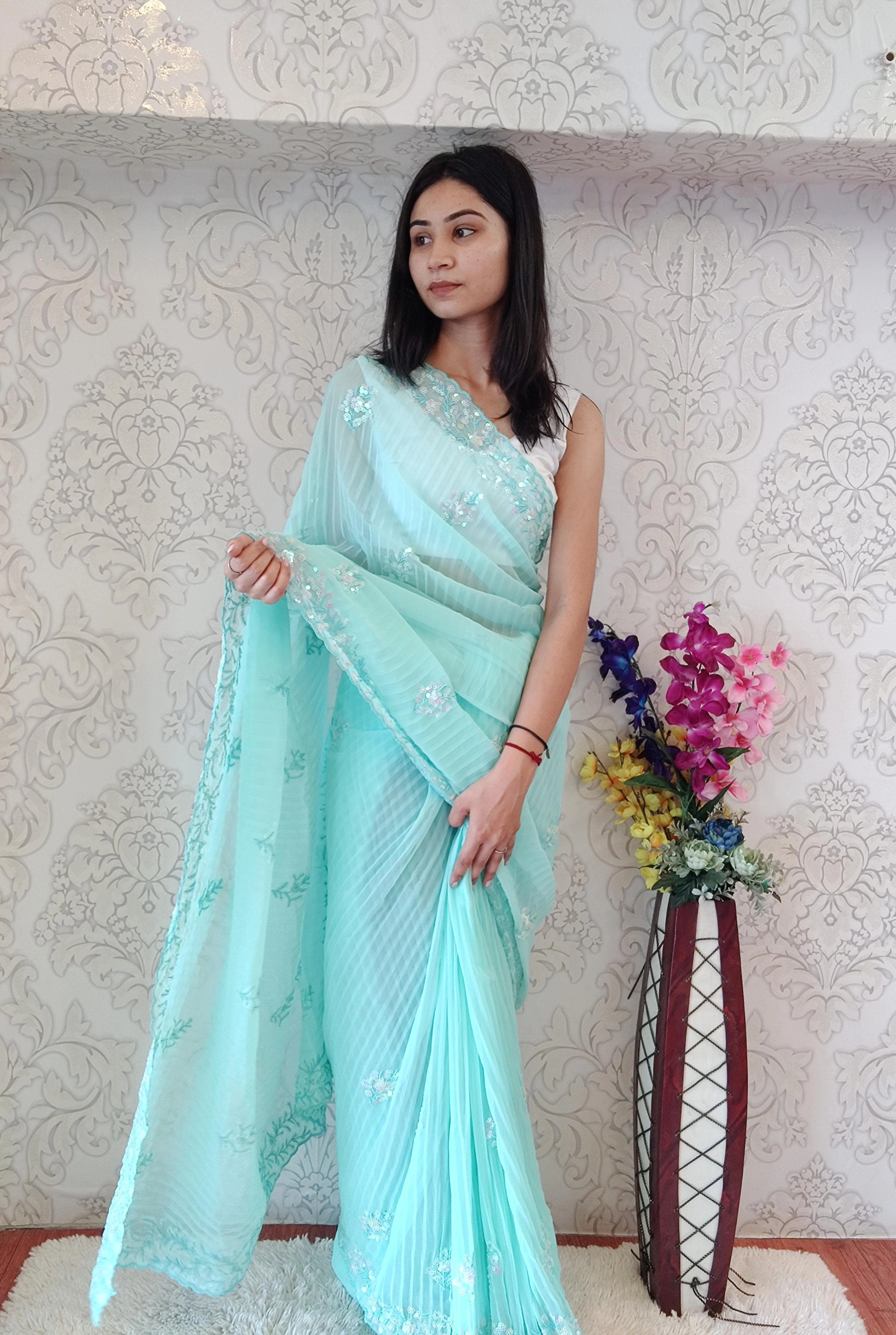 Crush Sequence Georgette Saree with Stunning Sequin Embellishments-RAE-06-SkyBlue