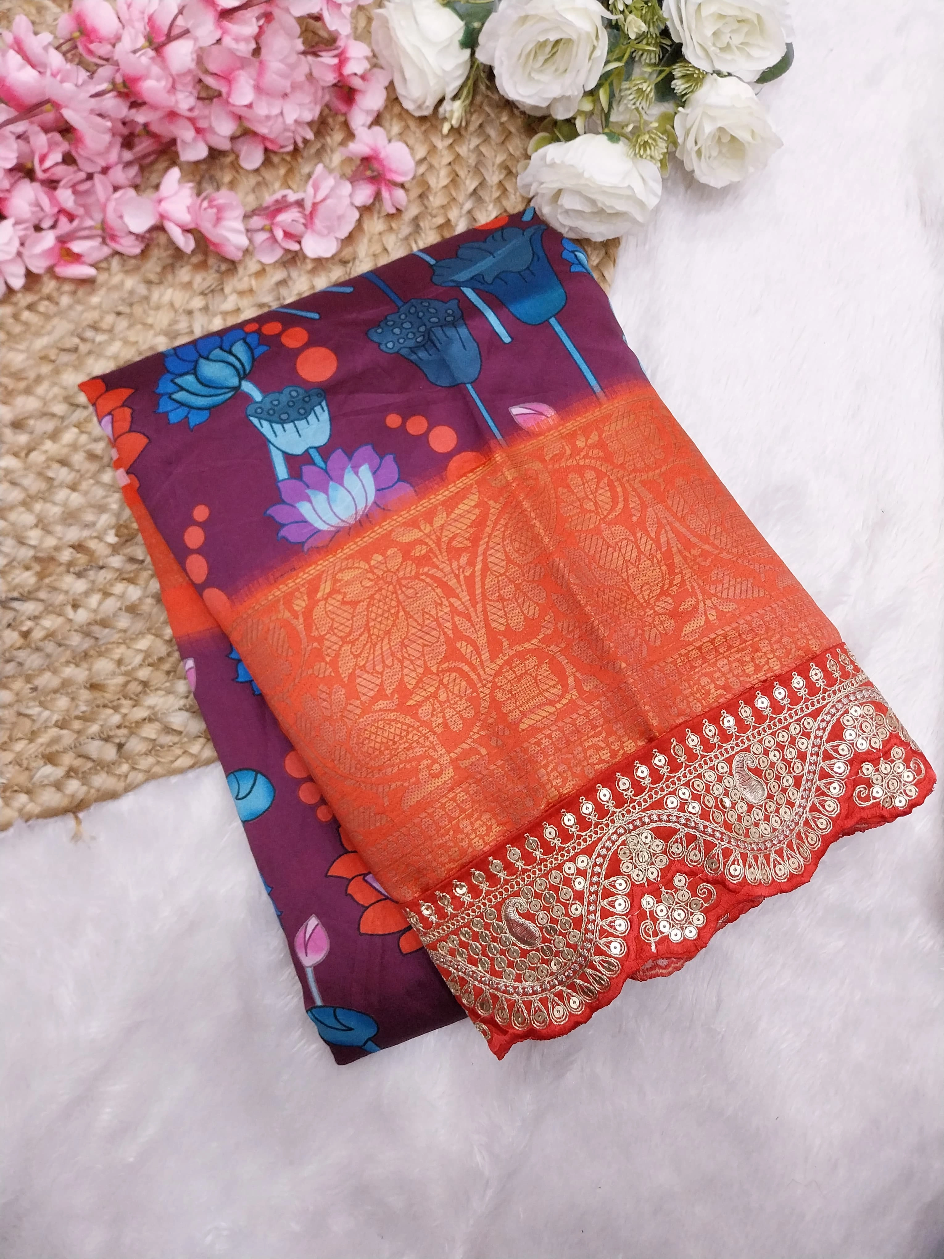 Soft Dola Silk Saree: Beautiful Digital Print with Sequin Embroidered Lace-SYF-434-Wine