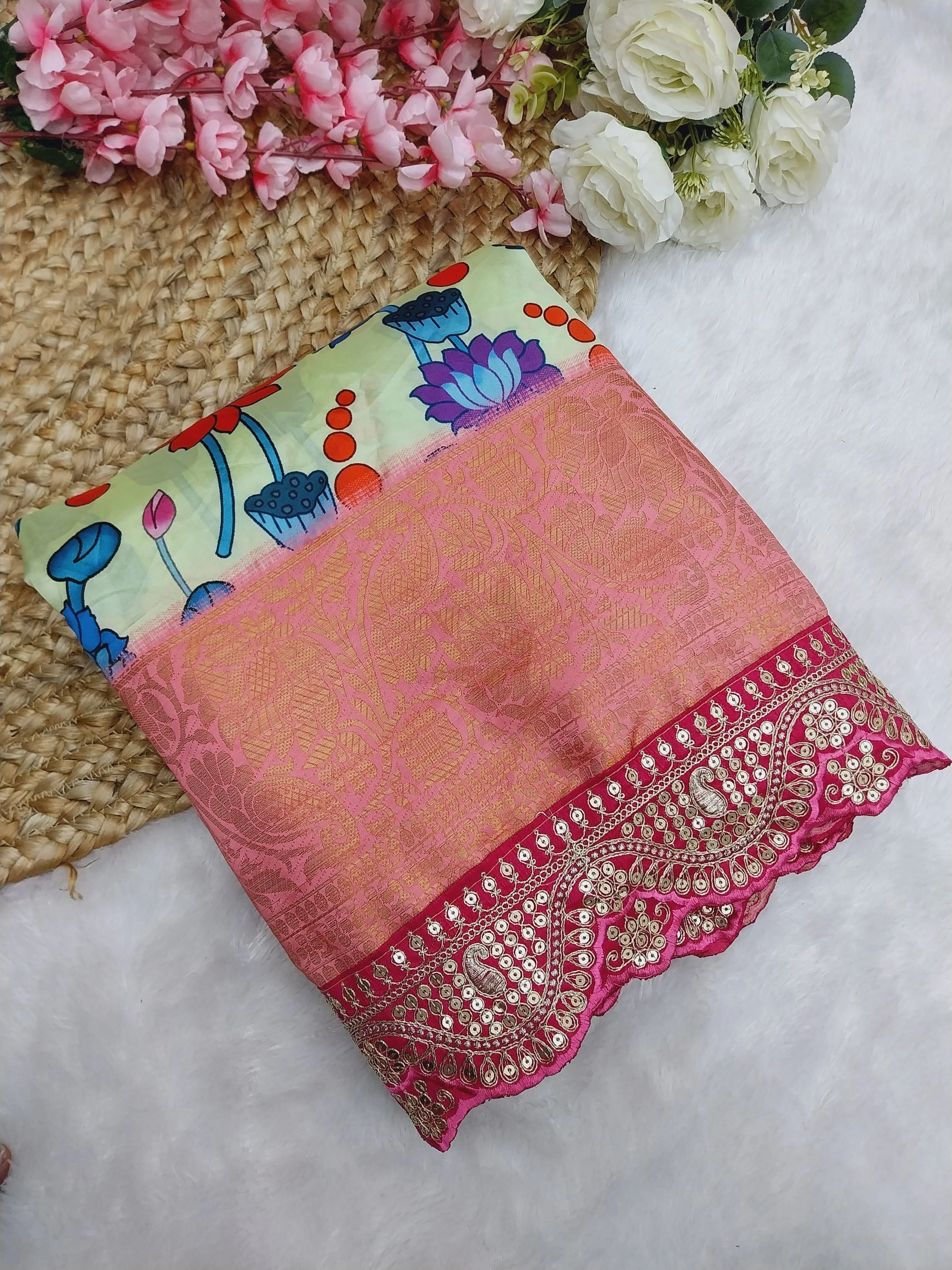 Soft Dola Silk Saree: Beautiful Digital Print with Sequin Embroidered Lace-SYF-434-Pista