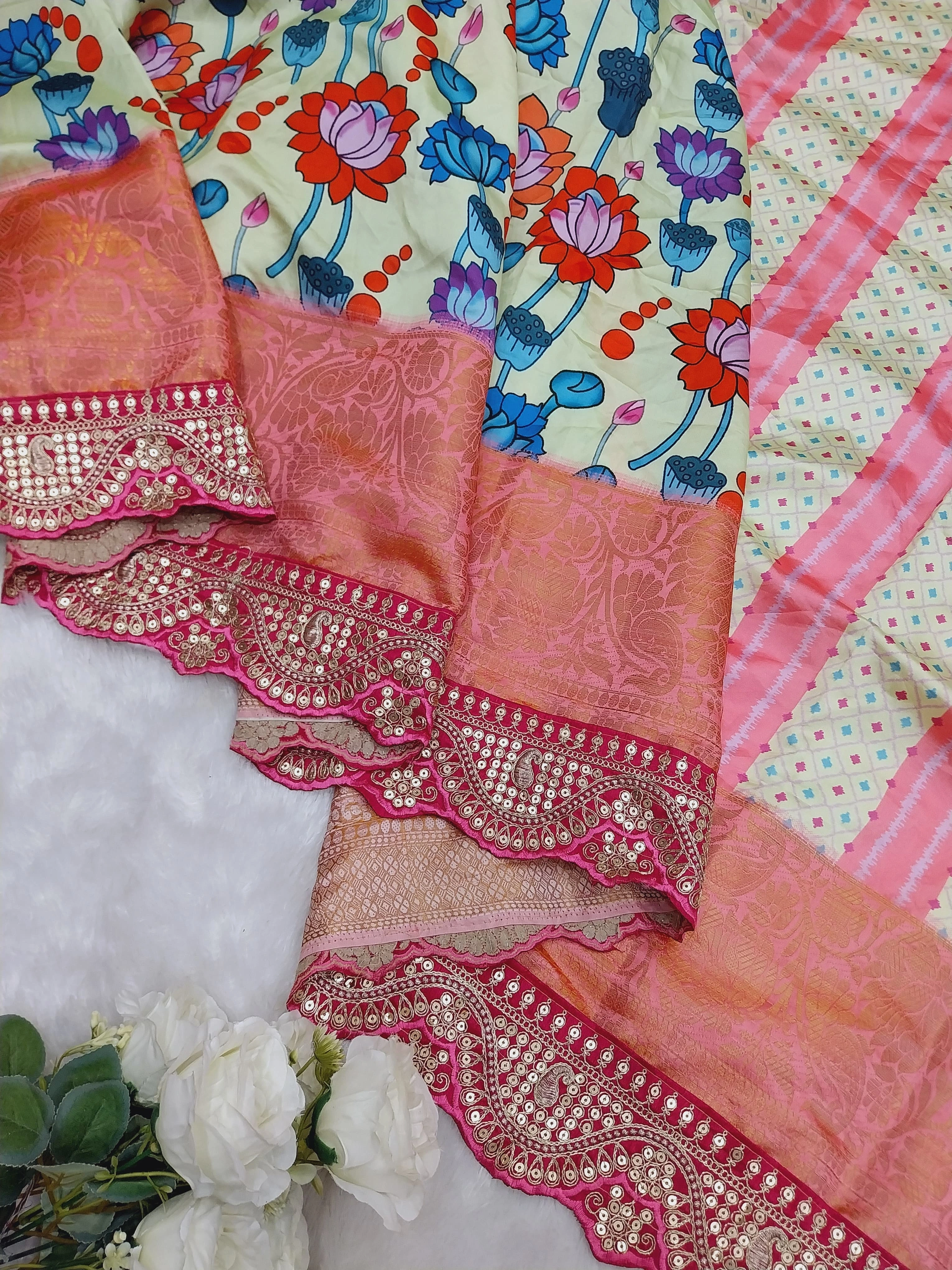 Soft Dola Silk Saree: Beautiful Digital Print with Sequin Embroidered Lace-Pista-1