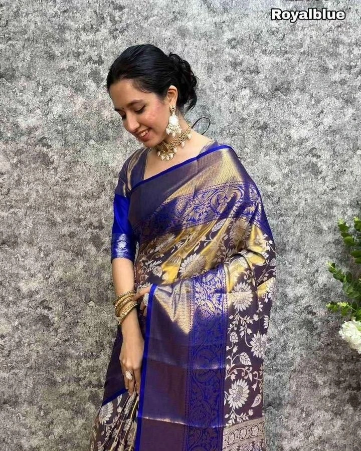 Handloom-woven Pure Kanjivaram Silk Saree with Rich Zari Weaving-Blue-1