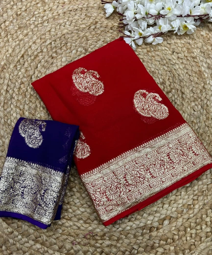 Contrast Color Weaving Jacquard Saree: Pure Viscose Georgette Elegance-RUN-39-Red