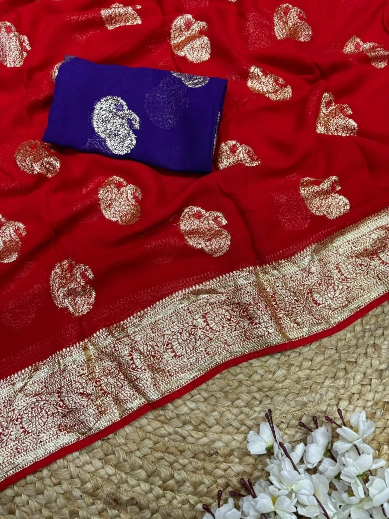 Contrast Color Weaving Jacquard Saree: Pure Viscose Georgette Elegance-Red-1