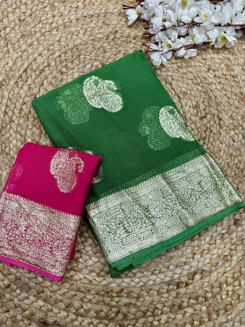 Contrast Color Weaving Jacquard Saree: Pure Viscose Georgette Elegance-RUN-39-Green