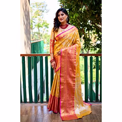 Banarasi Handloom Tissue Silk Saree: Stunning Gold Zari Work, Elegant Design