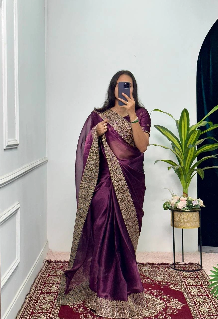 Blooming Color Burbary Saree with Heavy Embroidery - 5.5m-Wine-1