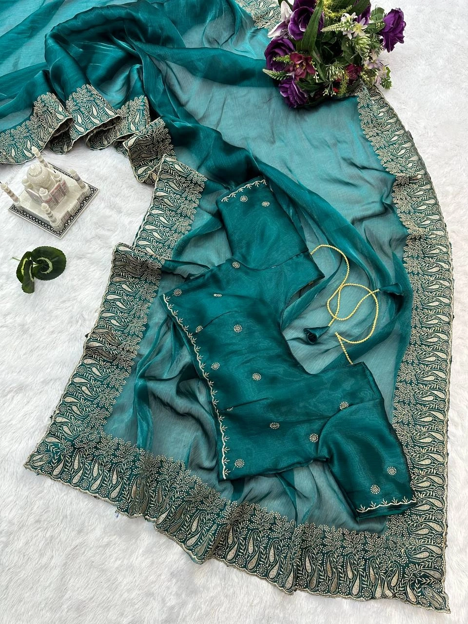 Blooming Color Burbary Saree with Heavy Embroidery - 5.5m-Peacock Blue-3