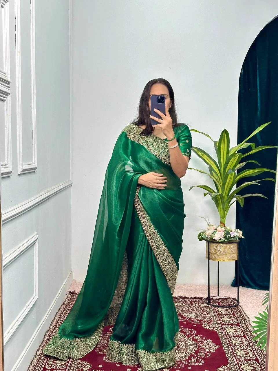 Blooming Color Burbary Saree with Heavy Embroidery - 5.5m-Green-1