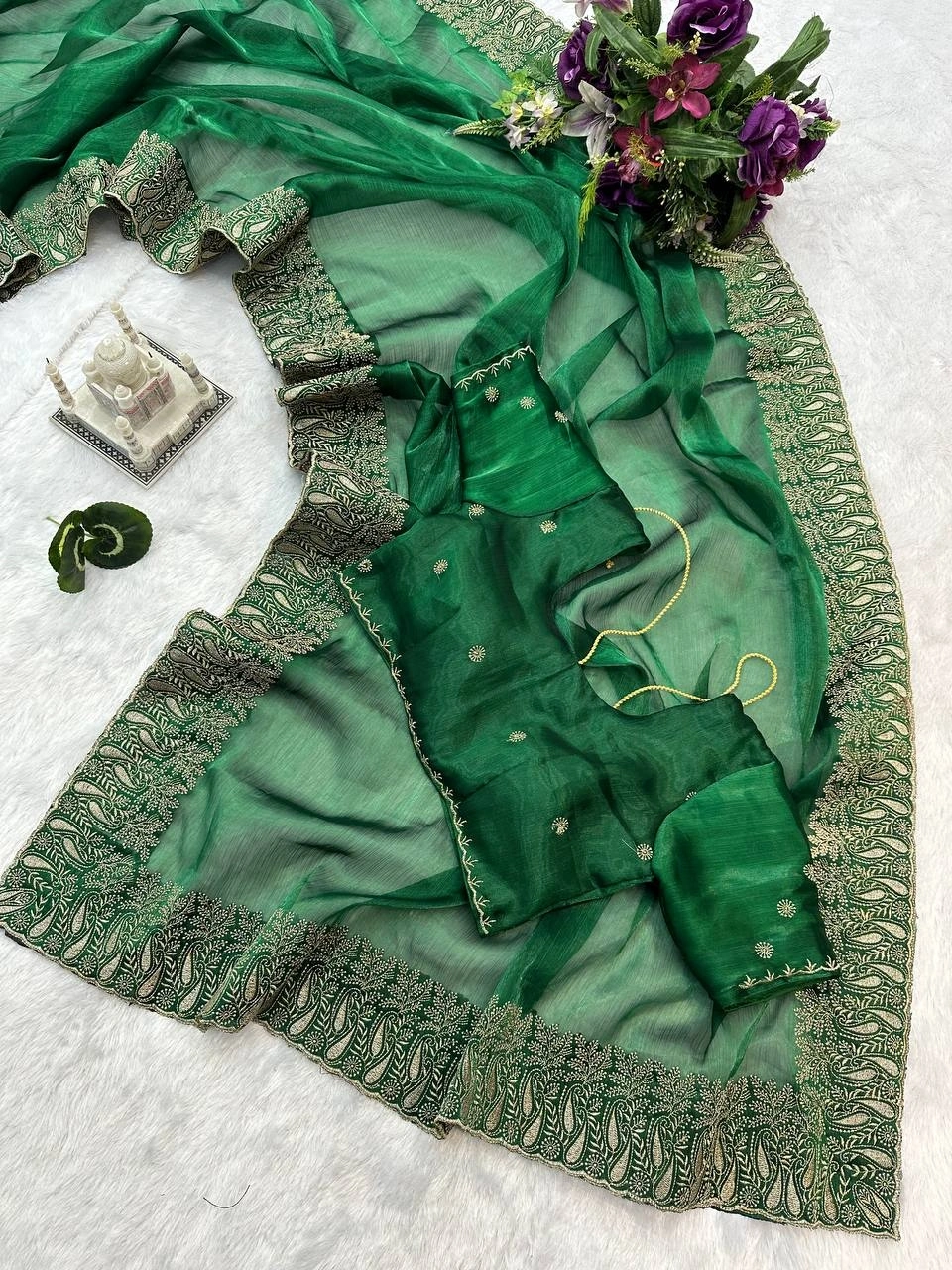 Blooming Color Burbary Saree with Heavy Embroidery - 5.5m-Green-2