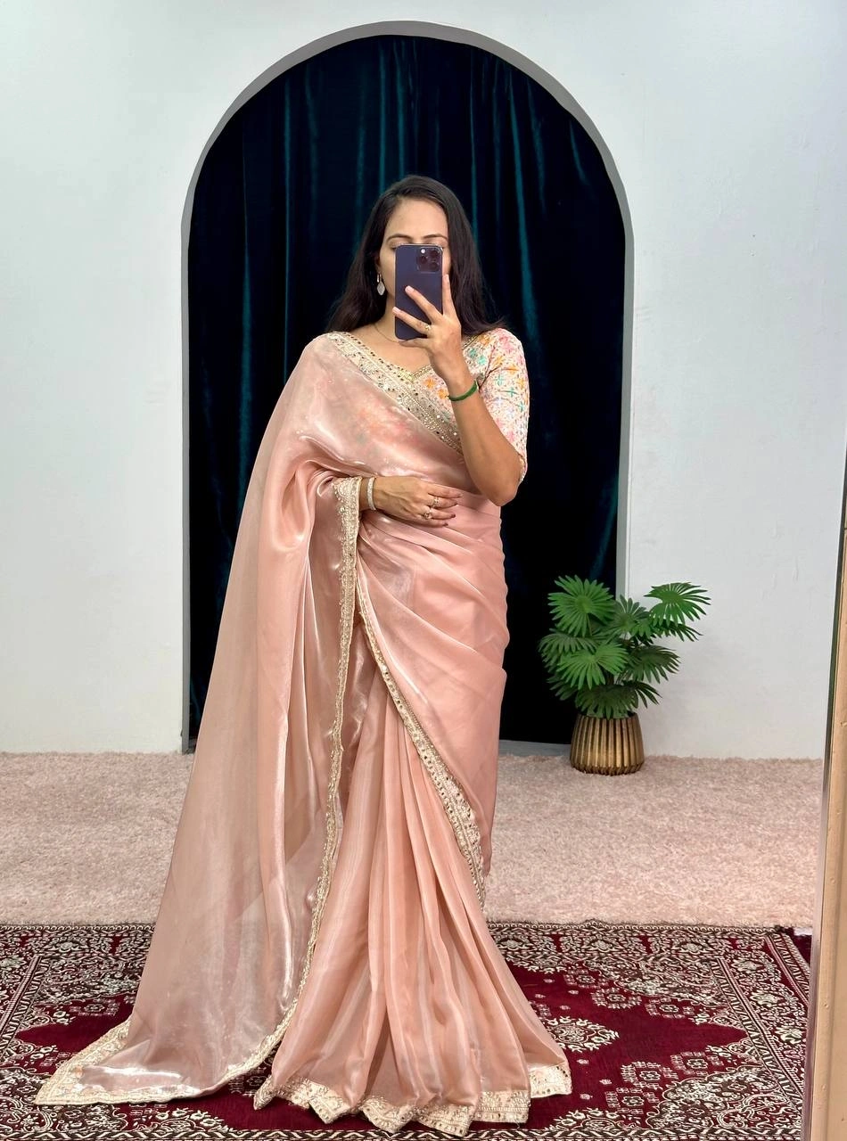 Stunning Jimmy Choo Dusty Color Saree with Mirror Work-Pink-1