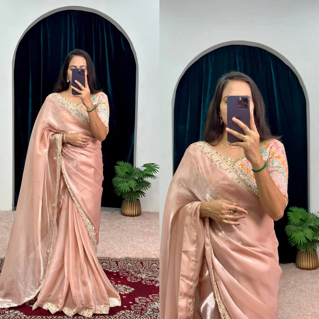 Stunning Jimmy Choo Dusty Color Saree with Mirror Work-Pink-2