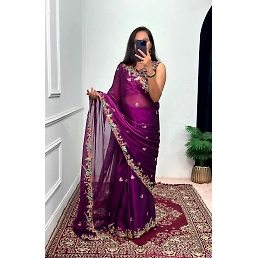 Blooming Color Saree: Full Heavy Embroidery, Stunning Burbary Fabric, 5.5m