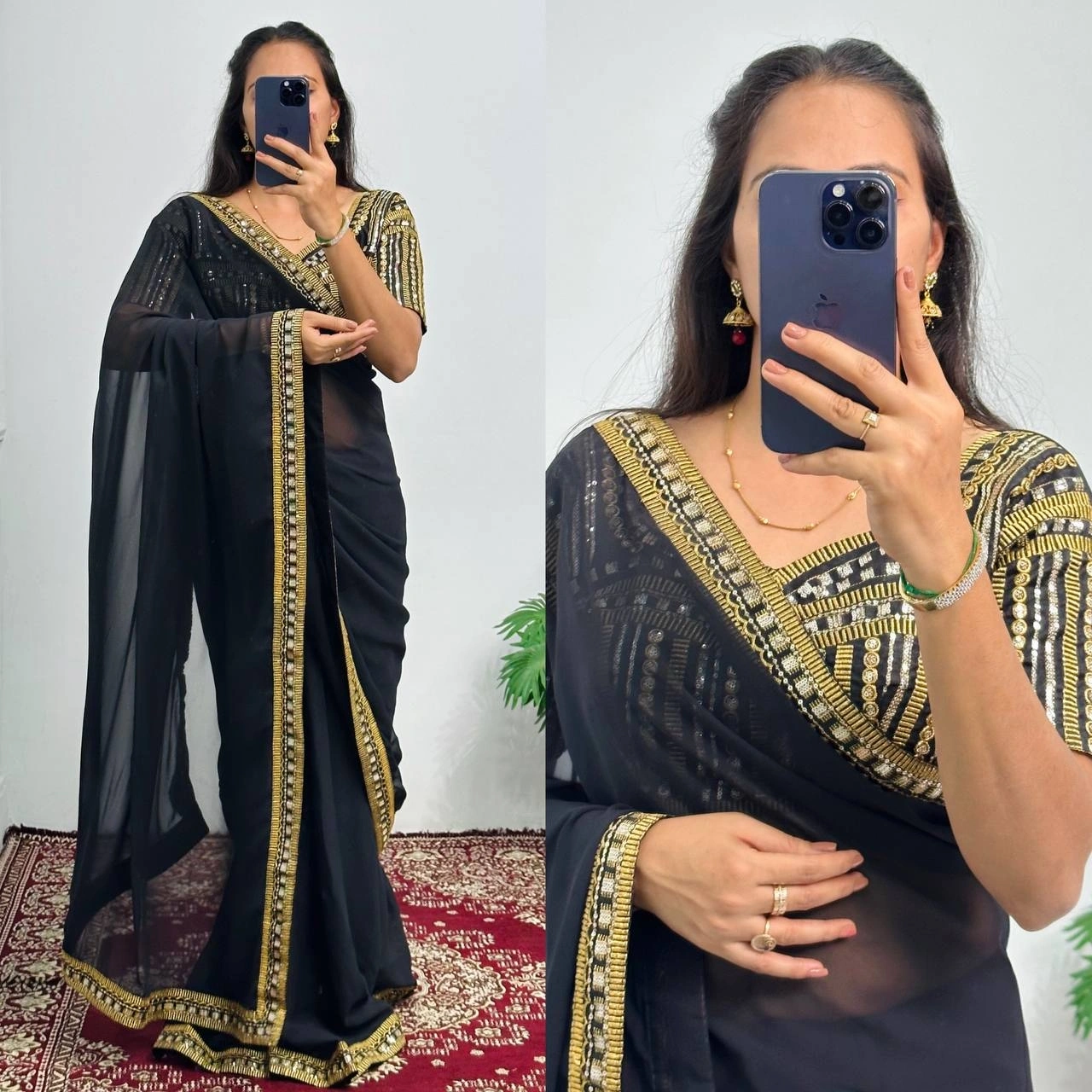 Embroidered Faux Georgette Saree with Banlory Blouse-Black-1