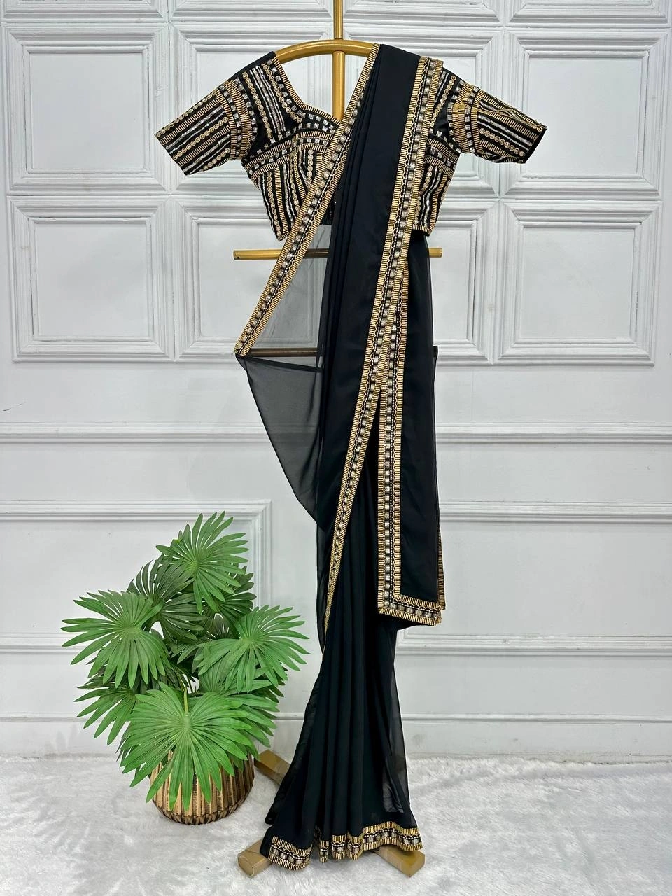 Embroidered Faux Georgette Saree with Banlory Blouse-Black-2