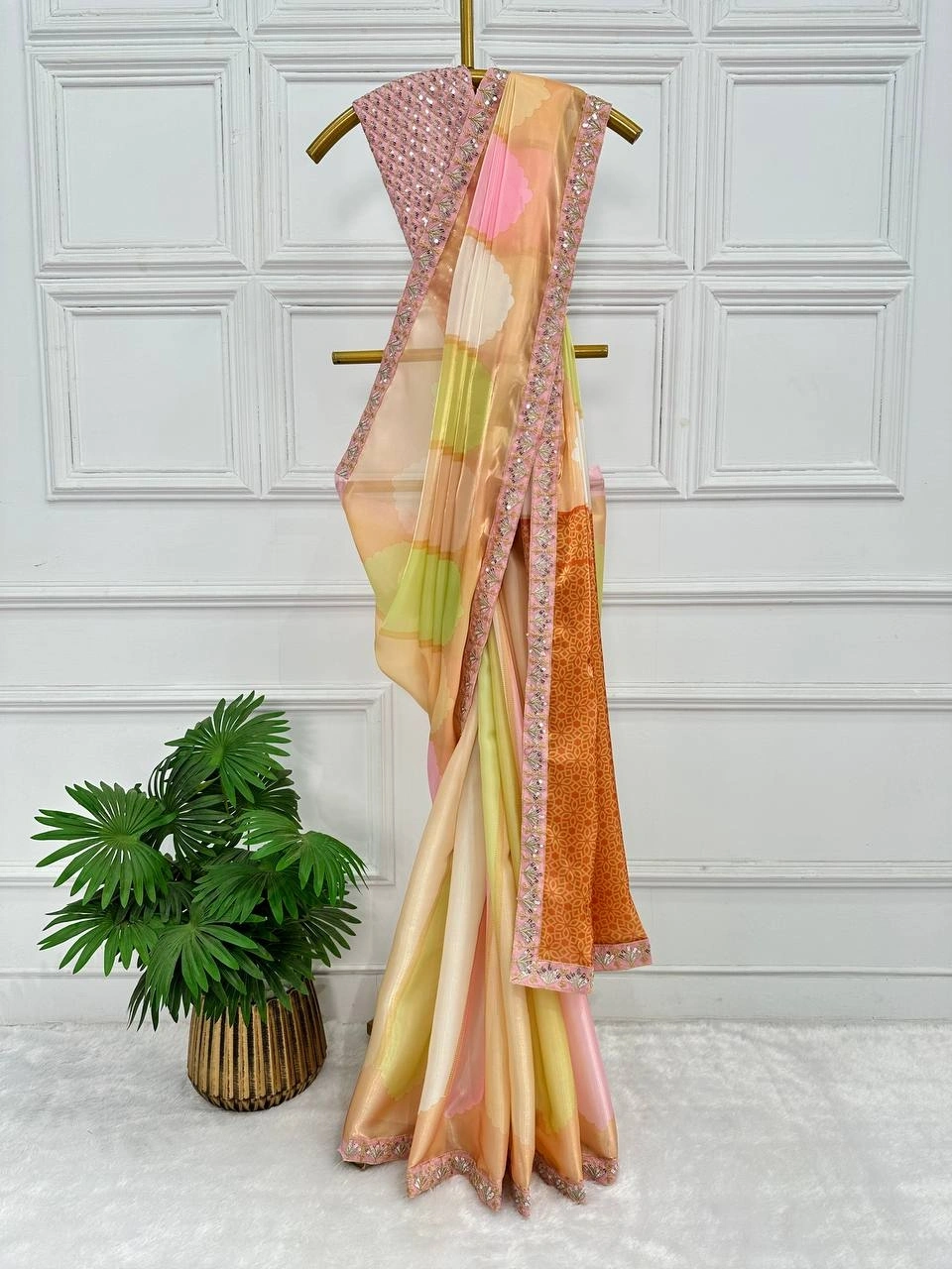 Digital Print and Embroidered Lace Saree with Full Embroidery Blouse-Pink-2