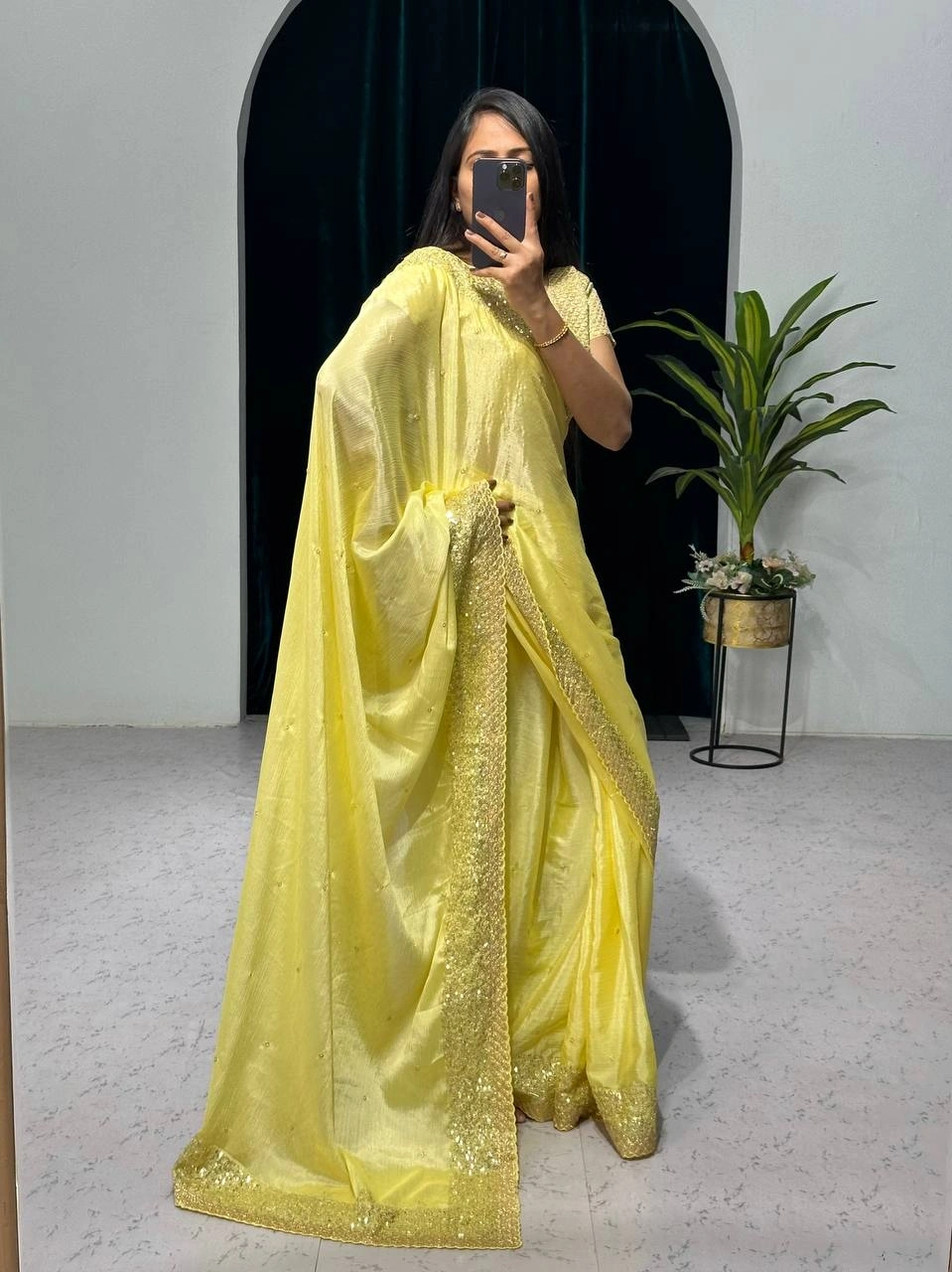 Chinon Saree with Sequin and Zari Embroidery - Stunning!-Yellow-1