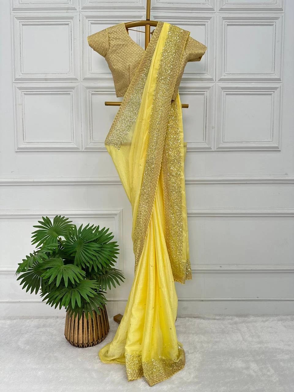 Chinon Saree with Sequin and Zari Embroidery - Stunning!-Yellow-2