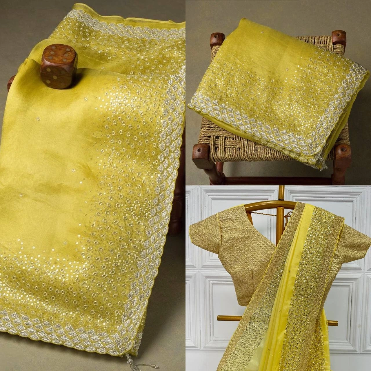 Chinon Saree with Sequin and Zari Embroidery - Stunning!-Yellow-3