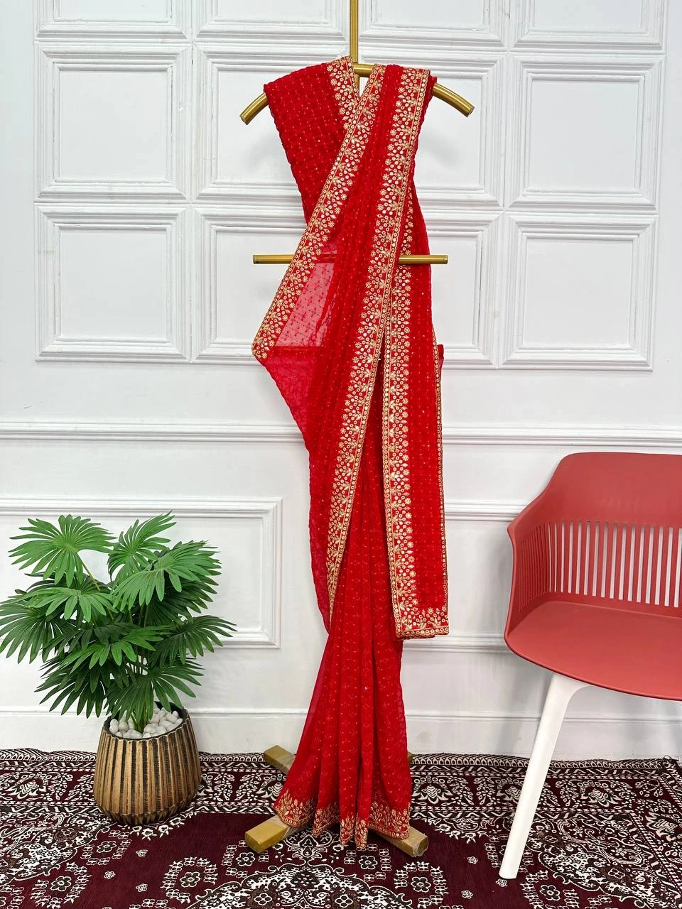 Red Georgette Saree with Stunning Sequin &amp; Embroidery Details-Red-2