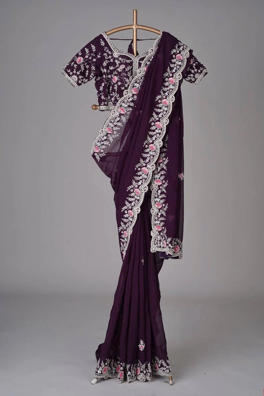 Sequined Georgette Saree with Embroidered Blouse-RST-447-Wine