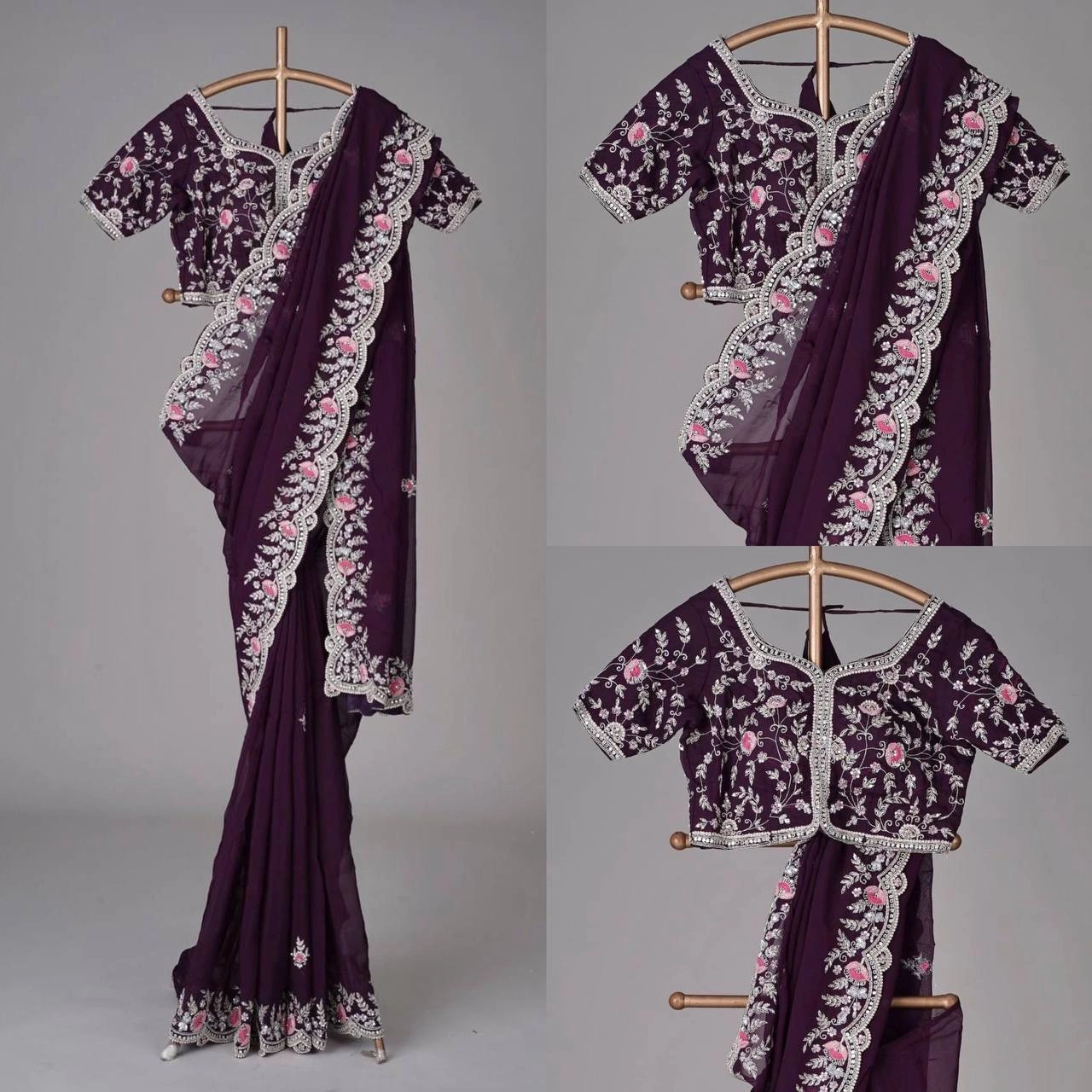 Sequined Georgette Saree with Embroidered Blouse-Wine-1