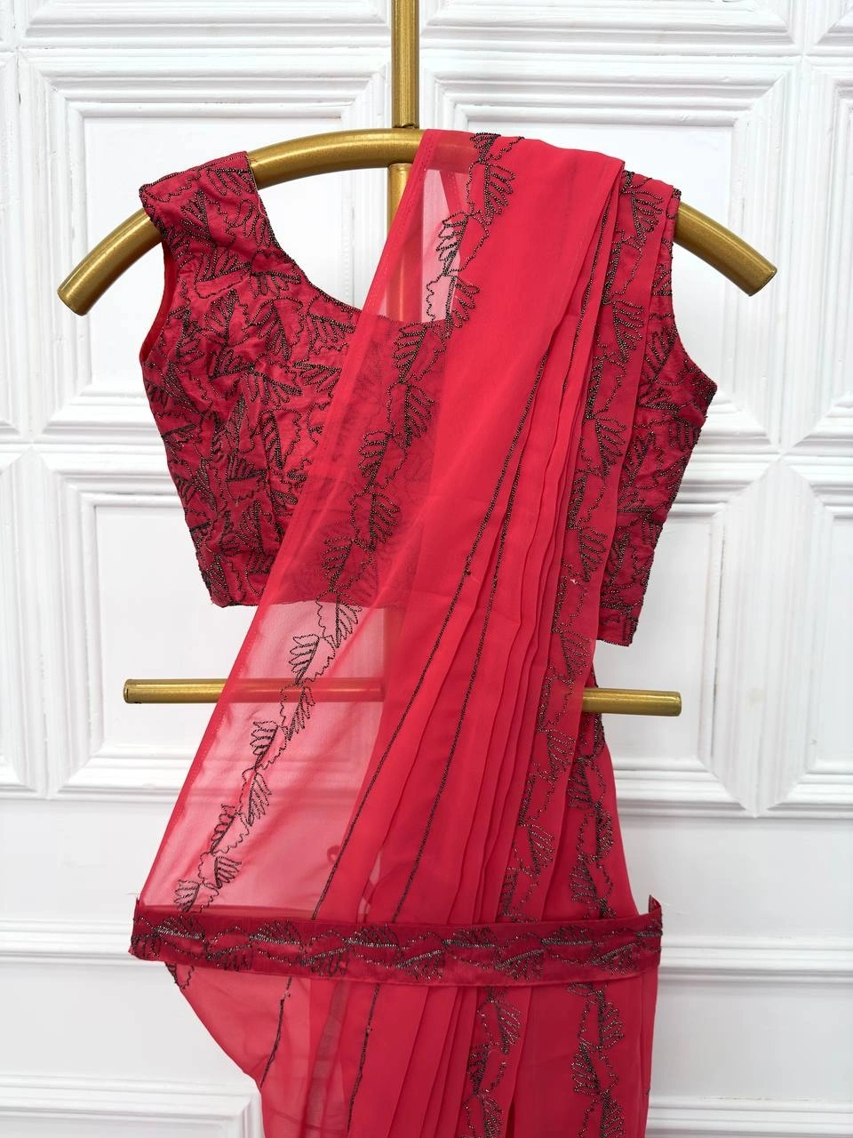 Dori Embroidered Georgette Saree with Full Embroidery Blouse-Red-3