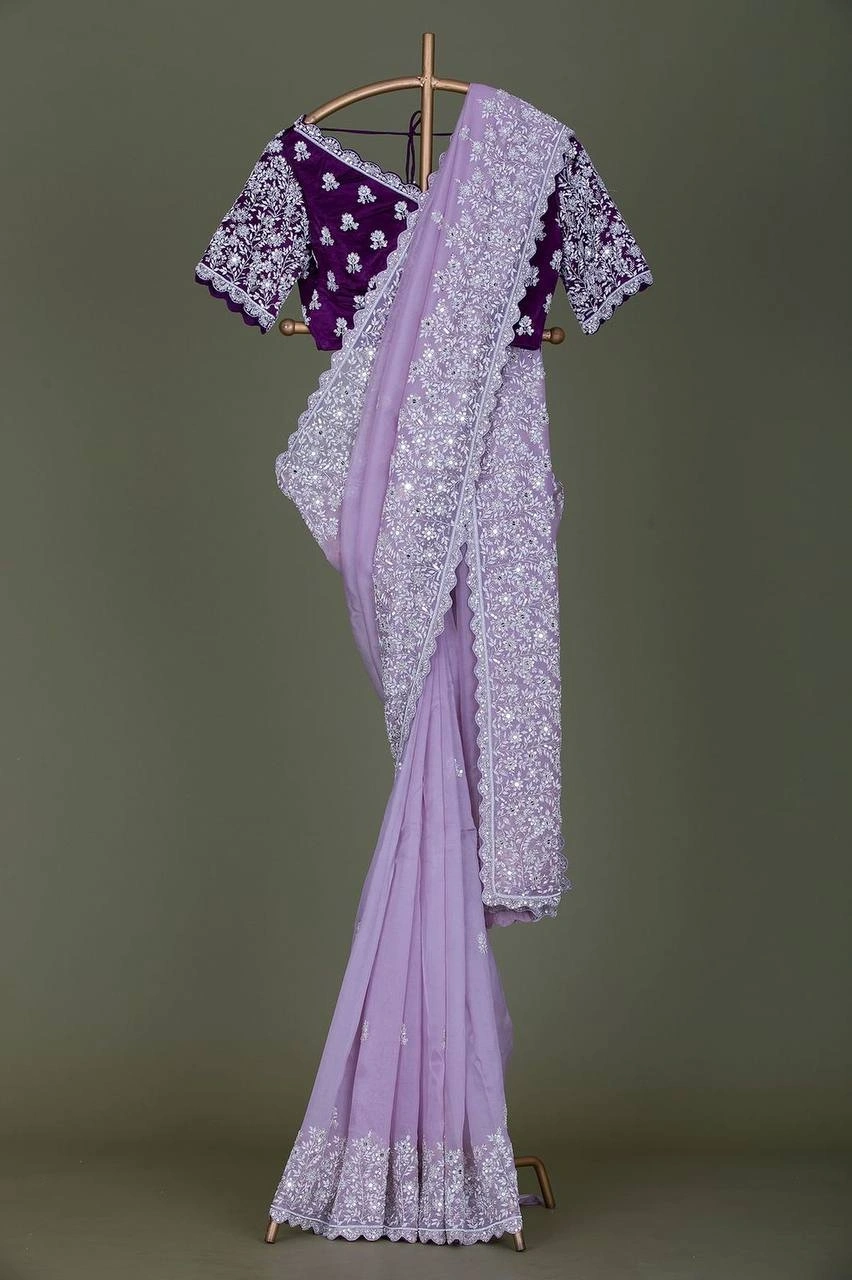 Organza Silk Saree with Sequins and Embroidery Work-RST-441-Purple