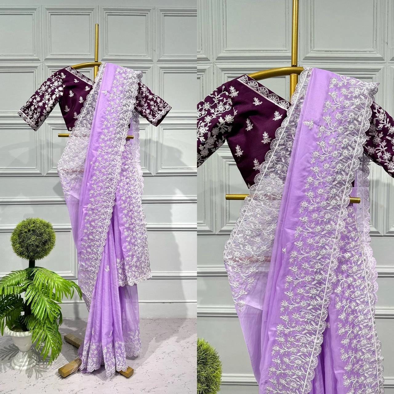 Organza Silk Saree with Sequins and Embroidery Work-Purple-2