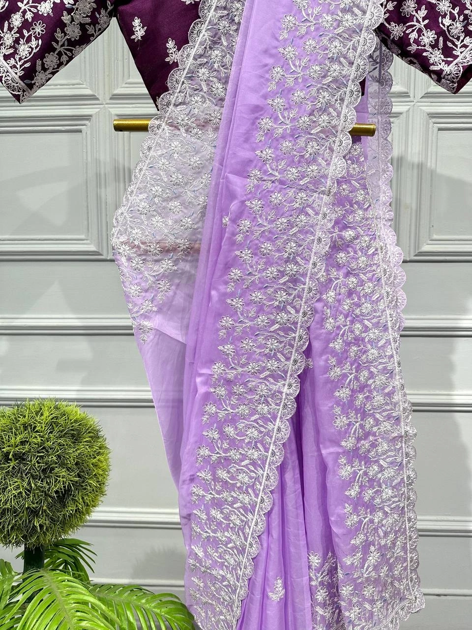 Organza Silk Saree with Sequins and Embroidery Work-Purple-3