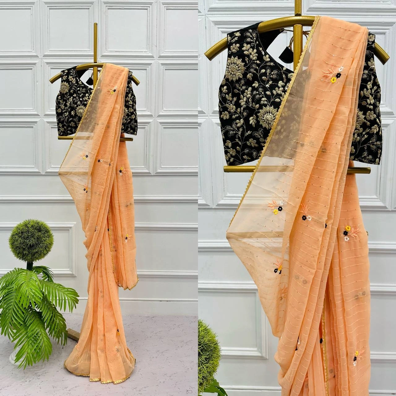 Heavy Georgette Saree with Sequin Embroidery &amp; Matching Blouse-RST-436-Orange