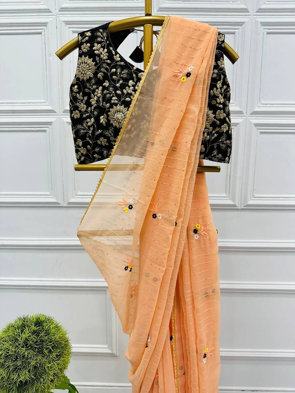 Heavy Georgette Saree with Sequin Embroidery &amp; Matching Blouse-Orange-3