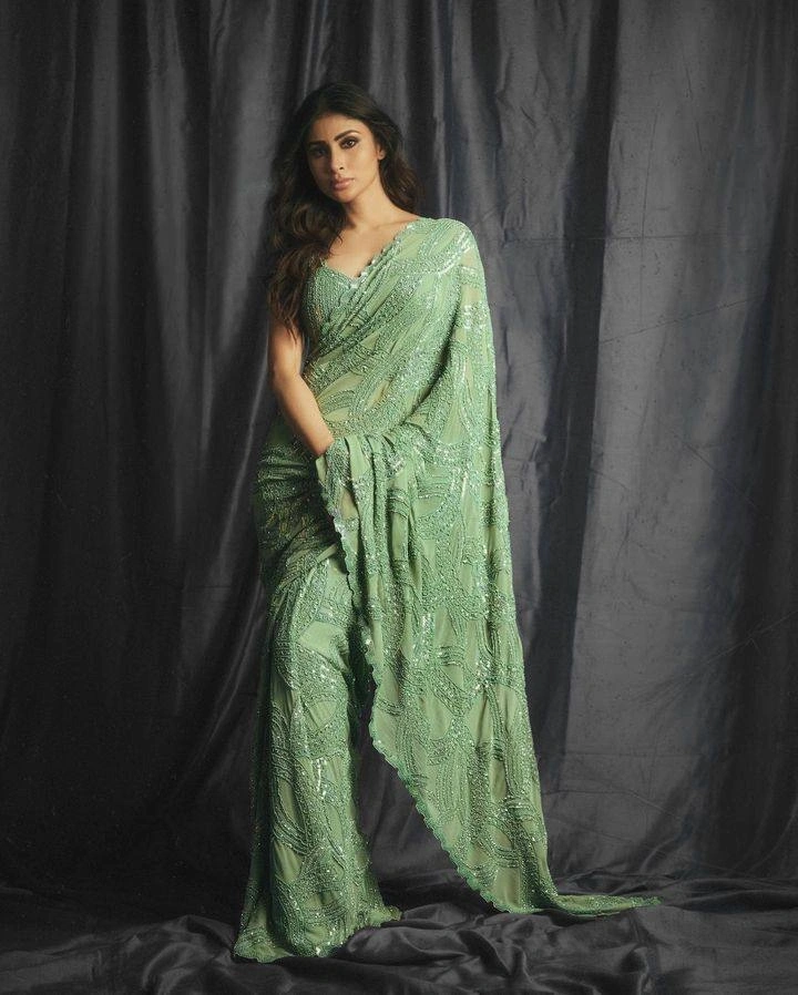 Stunning Faux Georgette Saree with Sequins &amp; Embroidery-RST-428-Green