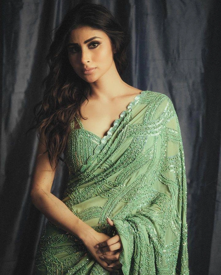 Stunning Faux Georgette Saree with Sequins &amp; Embroidery-Green-1