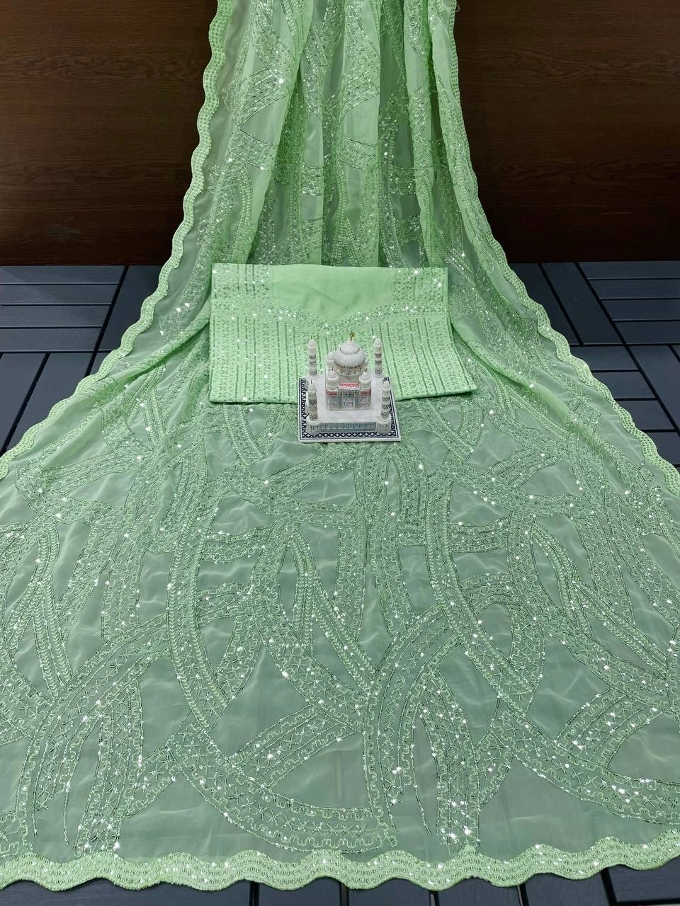 Stunning Faux Georgette Saree with Sequins &amp; Embroidery-Green-3