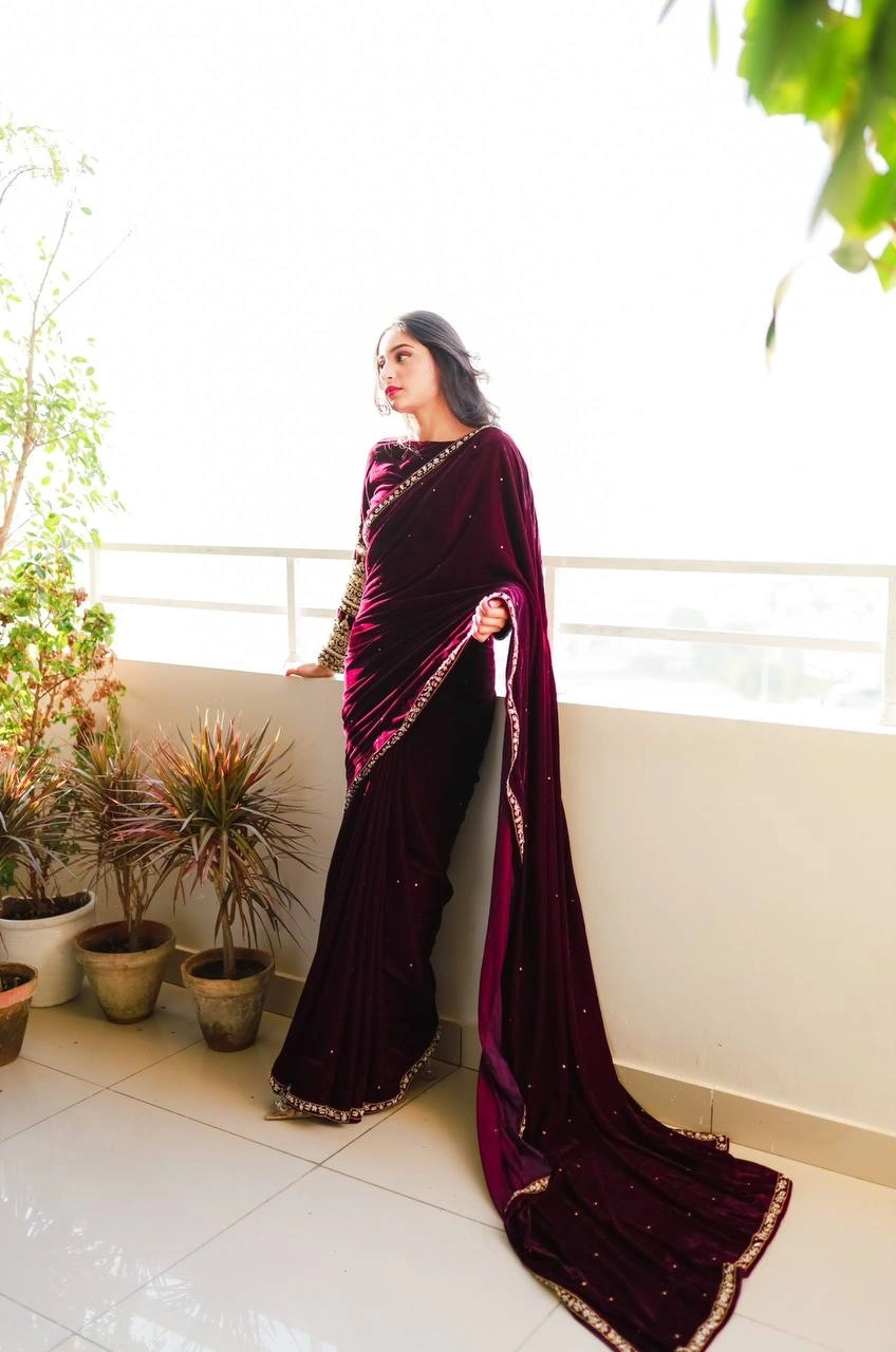 Embellished Velvet Saree &amp; Embroidered Blouse Set-RST-403-Wine