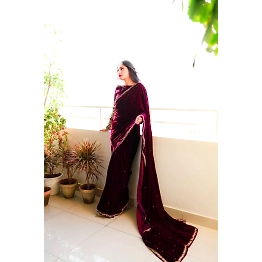 YNF Embellished Velvet Saree & Embroidered Blouse Set