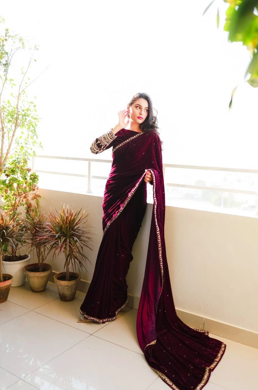 Embellished Velvet Saree &amp; Embroidered Blouse Set-Wine-1