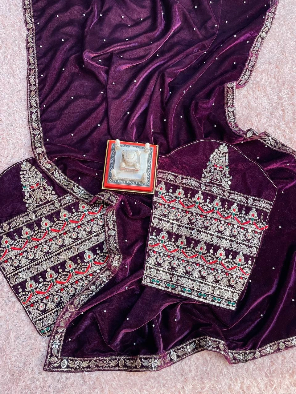 Embellished Velvet Saree &amp; Embroidered Blouse Set-Wine-2