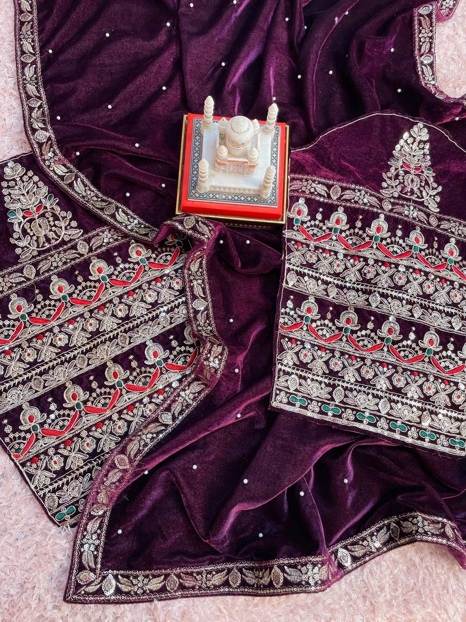 Embellished Velvet Saree &amp; Embroidered Blouse Set-Wine-3