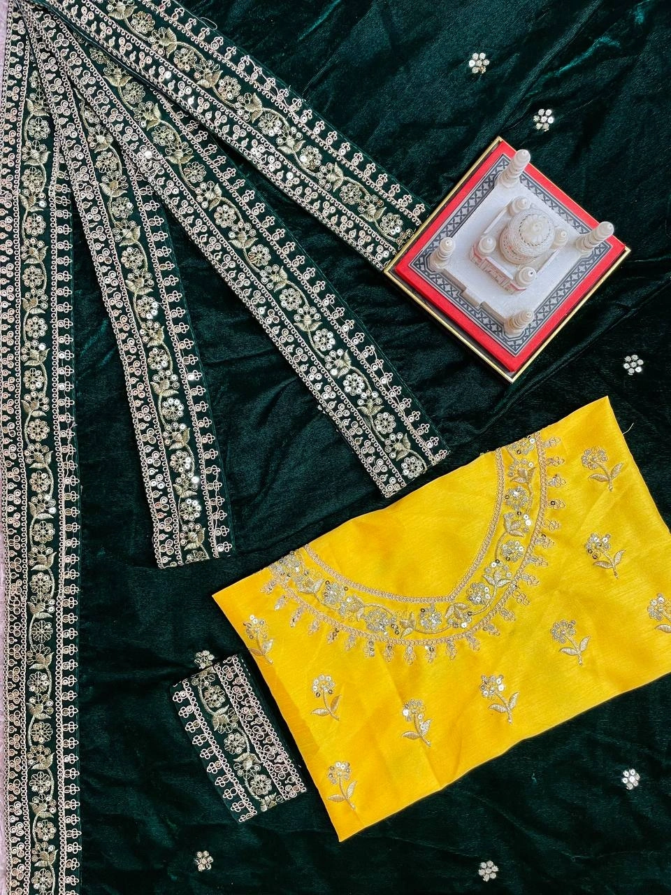 Embellished Velvet Saree &amp; Embroidered Blouse Set-Green-3