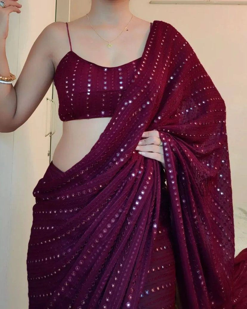 Embroidered Georgette Saree with Foil Mirror Work-RST-395-Wine