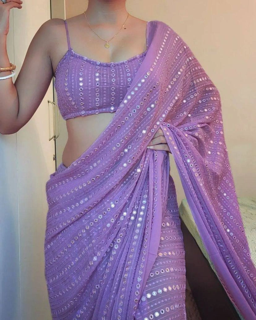 Embroidered Georgette Saree with Foil Mirror Work-Purple-2